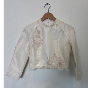 VILLA STOGOVA Size 38 Beaded Sequin Silk Satin Crop Top Blouse Jacket Scallop